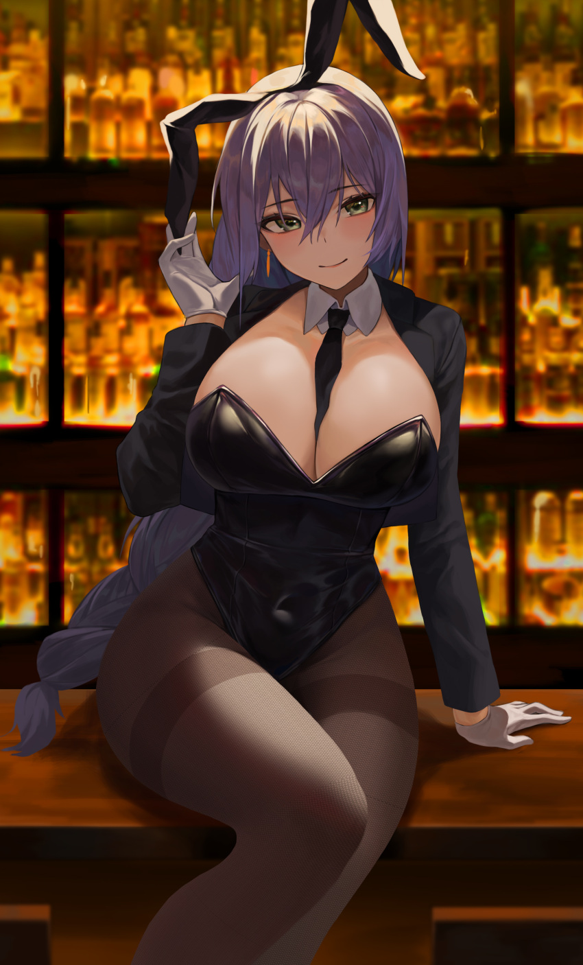 1girl absurdres alcohol animal_ears arm_support bangs bar bburi between_breasts black_leotard black_necktie braid braided_ponytail breasts brown_pantyhose cleavage closed_mouth collar covered_navel detached_collar earrings fake_animal_ears feet_out_of_frame gloves green_eyes hair_between_eyes highleg highleg_leotard highres jewelry large_breasts leotard long_hair looking_at_viewer necktie necktie_between_breasts original pantyhose playboy_bunny purple_hair rabbit_ears shrug_(clothing) sidelocks single_braid sitting smile solo table thighband_pantyhose thighs white_collar white_gloves wing_collar