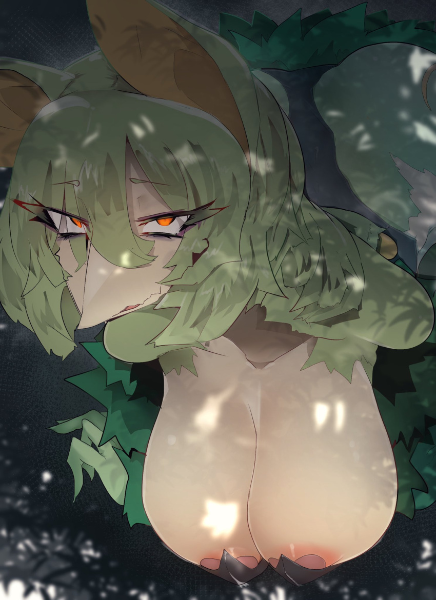 anthro areola areola_slip big_breasts biped breasts canid canine cleavage clothed clothing dipstick_tail elemental_creature eyelashes flora_fauna fur green_body green_fur hi_res hybrid kemono kouseki0024 looking_at_viewer mammal markings multicolored_body multicolored_fur nipple_tape orange_eyes pasties plant pupils slit_pupils tail_markings tan_body tan_fur tape white_body white_fur