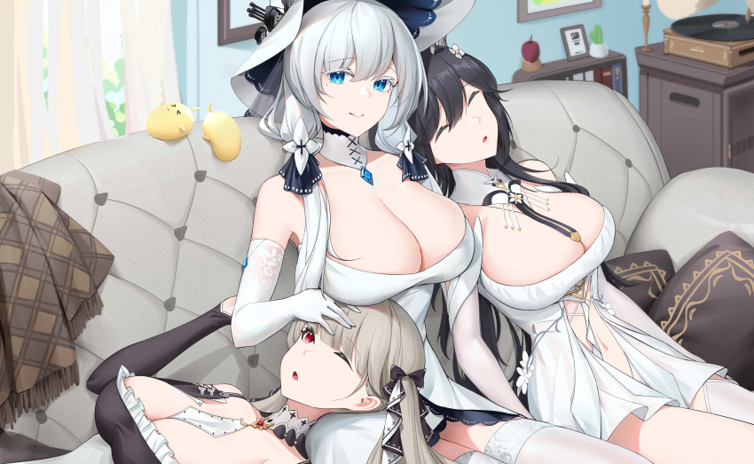 &gt;_&lt; 3girls absurdres azur_lane between_breasts black_dress black_hair blue_gemstone breasts cleavage couch detached_collar dress elbow_gloves flower formidable_(azur_lane) frilled_dress frills garden03 gem gloves grey_hair hair_flower hair_ornament hair_ribbon hat highres huge_breasts illustrious_(azur_lane) indomitable_(azur_lane) indoors lace-trimmed_gloves lace-trimmed_headwear lace-trimmed_legwear lace-trimmed_thighhighs lace_trim lap_pillow large_breasts long_hair looking_away manjuu_(azur_lane) mole mole_under_eye multiple_girls on_couch phonograph pillow record ribbon sitting strap_between_breasts strapless strapless_dress sun_hat tress_ribbon tri_tails twintails two-tone_dress two-tone_ribbon very_long_hair white_dress white_footwear white_gloves white_hair white_headwear