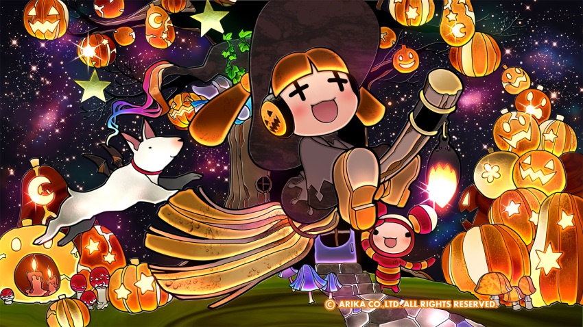 +_+ black_dress broom broom_riding candle dog dress full_body halloween hat headphones highres long_sleeves mushroom official_art open_mouth pumpkin smile star_(sky) star_(symbol) technictix tree witch_hat