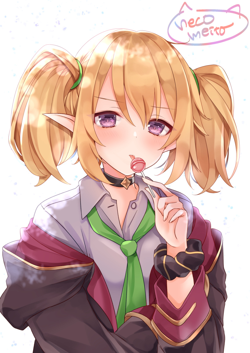 1girl bangs black_coat black_scrunchie blonde_hair candy chloe_(princess_connect!) coat collar collared_shirt elf food green_necktie grey_shirt hair_between_eyes highres holding holding_food licking lollipop long_jacket long_sleeves necktie neco_meito open_clothes pointy_ears princess_connect! purple_eyes school_uniform scrunchie shirt short_hair sidelocks simple_background solo st._theresa's_girls_academy_school_uniform tongue tongue_out twintails upper_body v-shaped_eyebrows white_background wrist_scrunchie