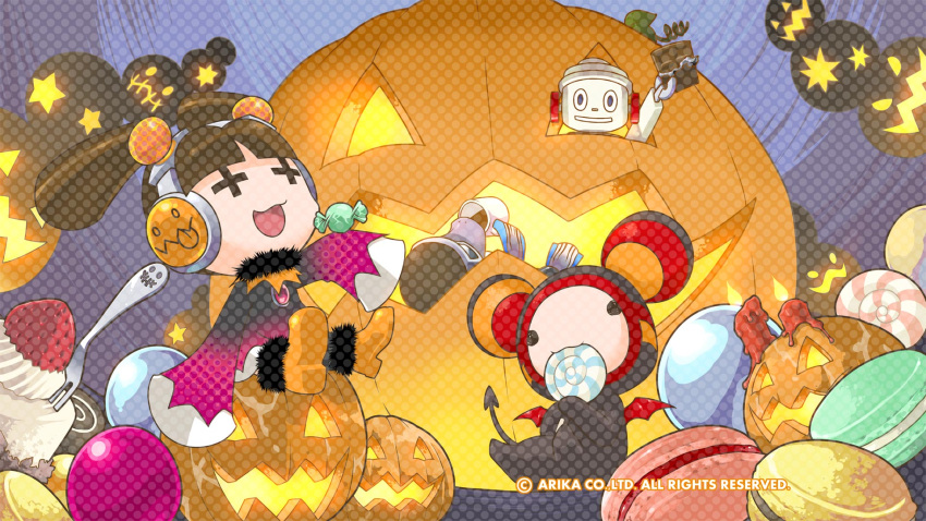 +_+ candle candy chibi dress food fork full_body halloween headphones highres jack-o'-lantern official_art official_wallpaper open_mouth pumpkin sleeves_past_wrists smile technictix