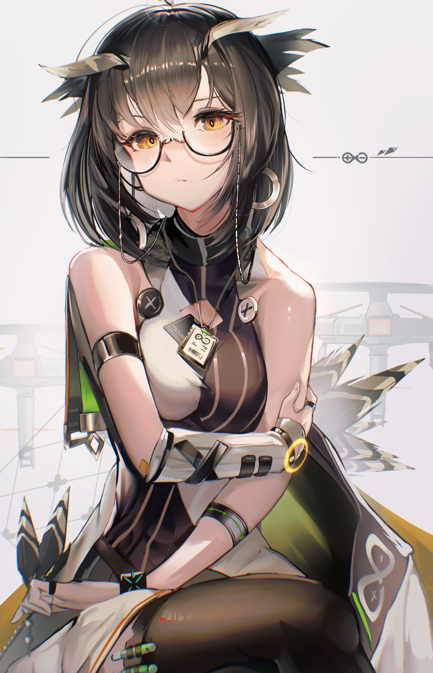 1girl absurdres arknights armband bangs bare_shoulders black_thighhighs brown_hair commentary_request glasses grey_background highres hiyaori_(hiyahiyaval) infection_monitor_(arknights) looking_at_viewer shirt short_hair silence_(arknights) sitting sleeveless sleeveless_shirt solo thighhighs yellow_eyes