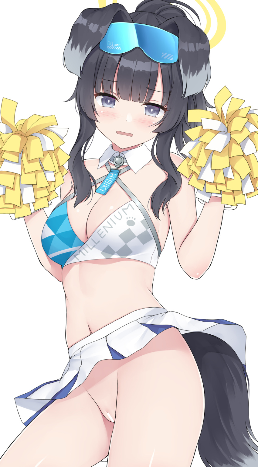 1girl animal_ears bare_shoulders black_hair blue_archive blue_eyes blush breasts cheerleader cleavage clothes_lift clothes_writing cowboy_shot crop_top detached_collar dog_ears dog_girl dog_tail eyewear_on_head groin halo hands_up hibiki_(blue_archive) hibiki_(cheerleader)_(blue_archive) highres holding holding_pom_poms long_hair looking_at_viewer medium_breasts midriff miniskirt mizunashi_kenichi navel no_panties open_mouth paid_reward_available pleated_skirt pom_pom_(cheerleading) ponytail pussy shirt sidelocks skirt skirt_lift sleeveless solo tail uncensored white_background white_skirt