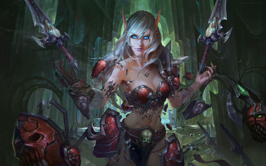 armor bikini_armor blood_elf_(warcraft) chenbo death_knight_(warcraft) elf gauntlets glowing glowing_eyes highres long_hair long_pointy_ears pauldrons pointy_ears red_armor runeblade_(warcraft) shoulder_armor warcraft world_of_warcraft