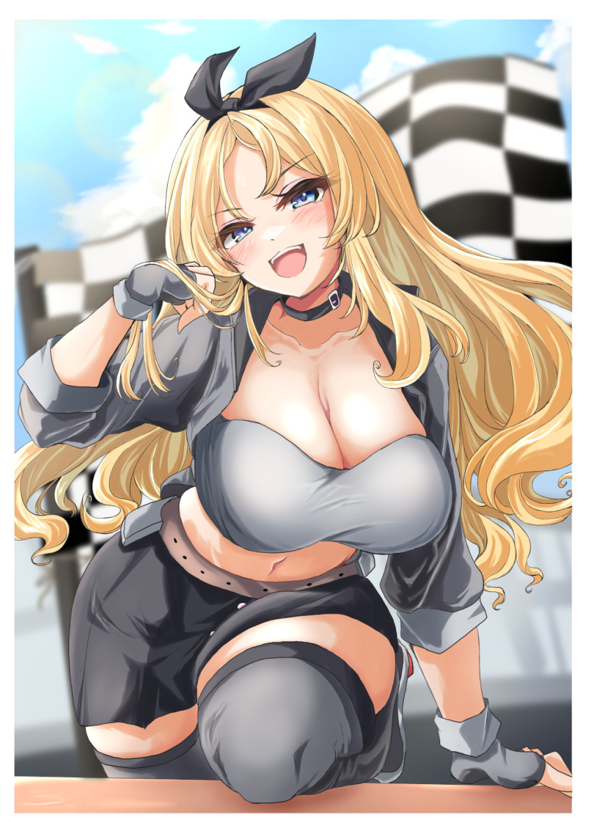 1girl black_hairband black_skirt blonde_hair blue_eyes blurry blurry_background breasts checkered_flag cowboy_shot cropped_jacket fingerless_gloves flag gloves grey_bandeau grey_gloves grey_jacket grey_necktie hairband highres jacket kantai_collection kasashi_(kasasi008) large_breasts long_hair looking_at_viewer midriff miniskirt necktie nelson_(kancolle) official_alternate_costume race_queen skirt solo