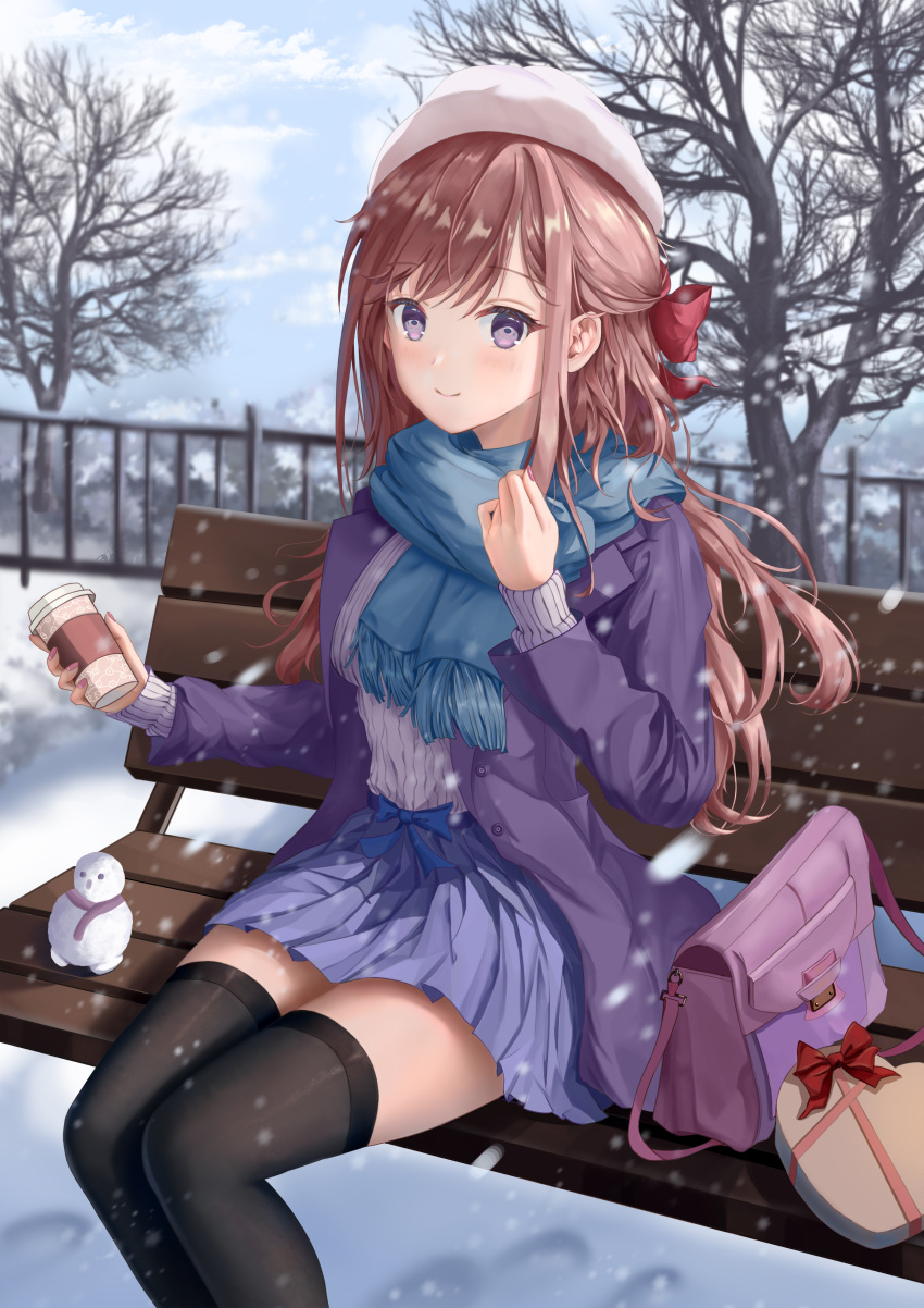 1girl absurdres bangs bare_tree bench black_thighhighs blue_scarf box brown_hair closed_mouth coffee_cup commentary_request cup day disposable_cup feet_out_of_frame gift gift_box hair_ribbon hand_up hat heart-shaped_box highres hohan holding holding_cup jacket long_hair long_sleeves looking_at_viewer nail_polish original outdoors pleated_skirt purple_bag purple_eyes purple_jacket purple_nails purple_skirt railing red_ribbon ribbon scarf sitting skirt smile snow snowing snowman solo sweater thighhighs tree white_headwear white_sweater winter