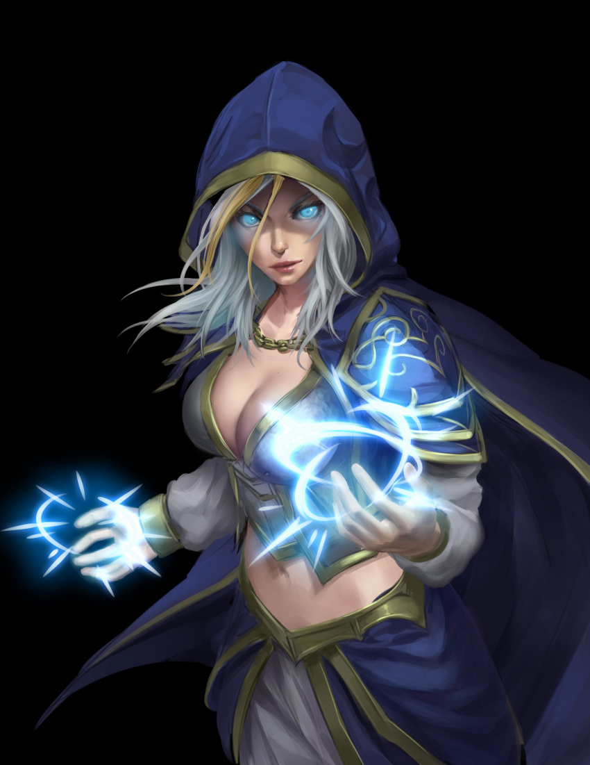 1girl armor blue_cape breasts cape casting_spell cloak glowing glowing_eyes gold_trim hearthstone highres hood hooded_cloak human_(warcraft) jaina_proudmoore kakipure mage_(warcraft) midriff pauldrons shoulder_armor warcraft world_of_warcraft