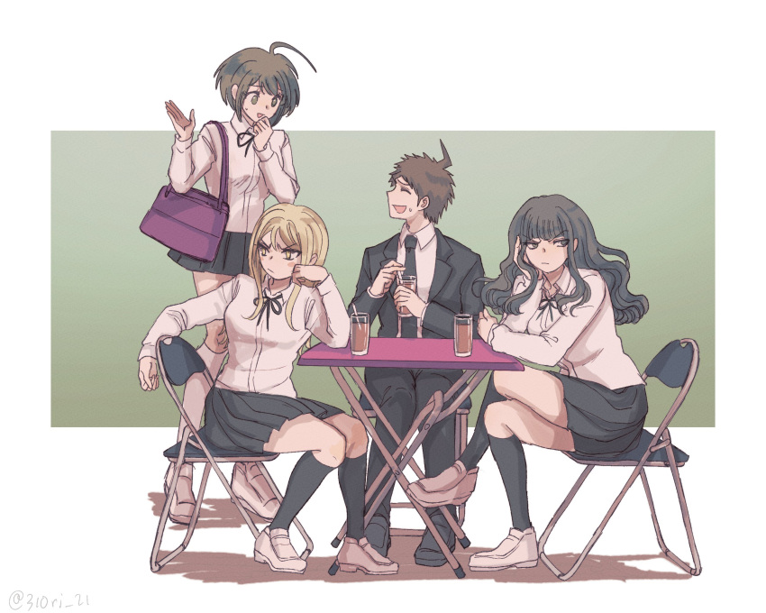 1boy 3girls :d ahoge annoyed bag bangs black_jacket black_necktie black_pants black_skirt black_socks blonde_hair blush_stickers brown_hair closed_mouth danganronpa_(series) danganronpa_3_(anime) glass gradient gradient_background green_background highres hinata_hajime jacket kneehighs kuzuryuu_natsumi long_hair looking_at_another midori_(310ri_21) multiple_girls naegi_komaru necktie open_mouth pants pleated_skirt satou_(danganronpa) shoes short_hair shoulder_bag sitting skirt smile socks table white_background white_footwear