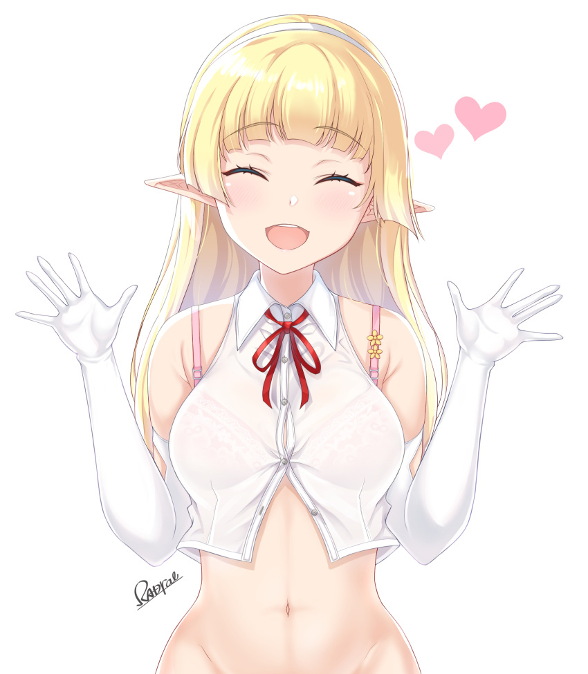 1girl 2021 arms_up bangs blonde_hair blunt_bangs bra_visible_through_clothes closed_eyes collared_shirt elbow_gloves elf elf_no_radral garter_belt garter_straps gloves heart highres navel open_mouth original pointy_ears radral red_ribbon ribbon see-through shirt sleeveless smile solo teeth upper_body upper_teeth white_background