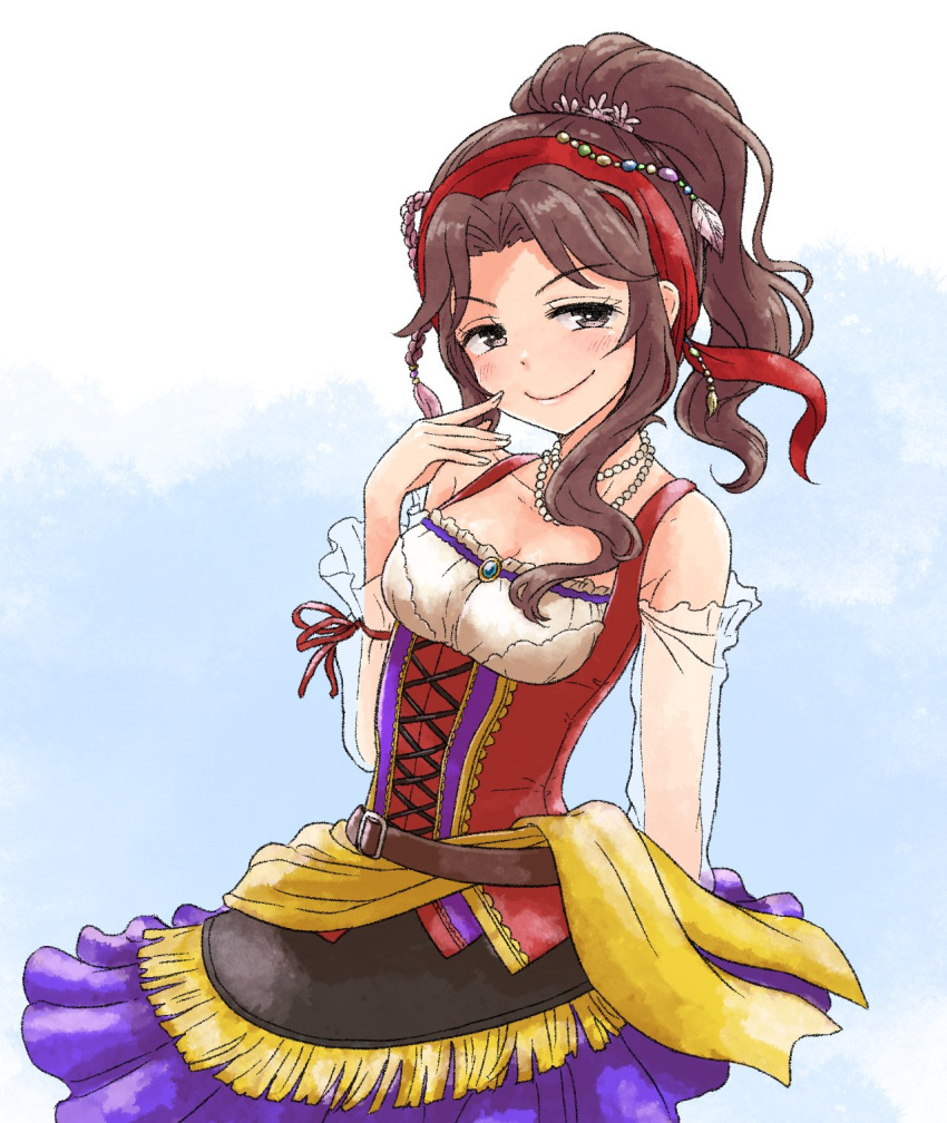 1girl ariura_kanna bare_shoulders belt blush bracelet brown_eyes brown_hair buckle day detached_sleeves dress flower_(symbol) glint highres idolmaster idolmaster_cinderella_girls jewelry jewelrylong_hair long_sleeves multicolored_clothes multicolored_dress necklace outdoors pendant pirate_costume ponytail smile solo source_request unyon