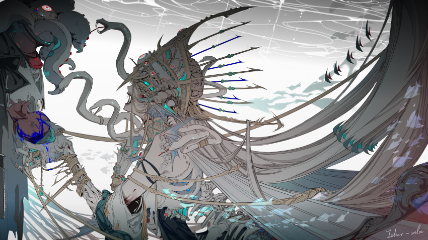 1girl 1other absurdres arknights body_horror bone bracelet brain commentary dongsheng fins grey_hair headgear heart_(organ) highres jewelry long_hair open_mouth ring scales skadi_(arknights) skadi_the_corrupting_heart_(arknights) skadi_the_corrupting_heart_(sublimation)_(arknights) snake spine tentacles upper_body
