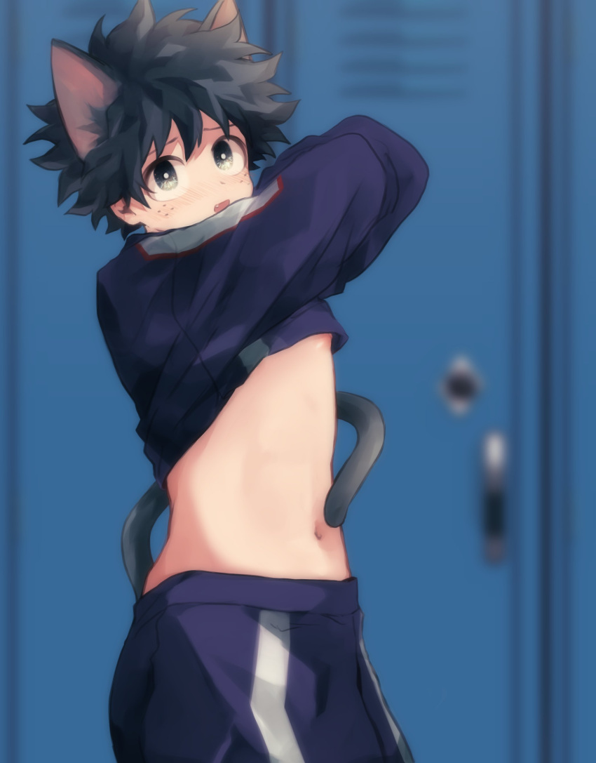 1boy absurdres animal_ears bangs black_hair blue_pants blurry blurry_background boku_no_hero_academia cat_boy cat_ears cat_tail clothes_lift cowboy_shot fang from_side highres indoors locker locker_room midoriya_izuku navel pants shirt_lift short_hair sin_sss1 solo tail teeth u.a._gym_uniform undressing