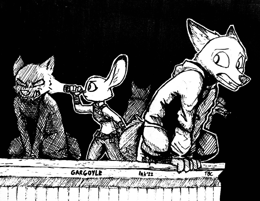 2022 absurd_res all_fours anthro black_and_white canid canine clothed clothing crouching disney duo flashlight fox fully_clothed fur hi_res holding_flashlight holding_object hoodie inktober judy_hopps lagomorph leporid looking_back mammal monochrome nick_wilde police_uniform rabbit red_fox sculpture statue teeth theblueberrycarrots topwear traditional_media_(artwork) uniform zootopia