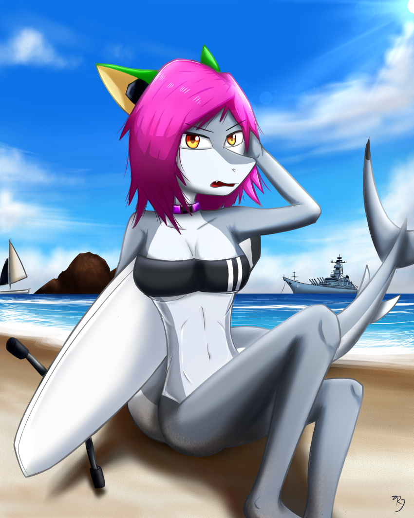 absurd_res alice_(railjet) annoyed annoyed_expression anthro battleship beach bikini board boat bottomwear breasts clothed clothing cloud coastline collar cruise_ship cruiser day detailed_background digital_media_(artwork) distance expressions female fish great_white_shark green_ears hair hi_res ironing_board lamnid lamniform light looking_at_viewer marine medium_breasts merchant_ship military navel navy one-piece_swimsuit open_mouth orange_eyes outside partially_clothed passenger_ship pink_collar pink_hair railjet raised_tail rock sailing_boat sailing_watercraft sand scenery sea seaside shaded shadow shark ship short_hair simple_background sitting sky soft_shade soft_shading solo summer sunlight surfboard swimwear teeth tongue touching_hair u.s._navy underwear vehicle warship water watercraft wave