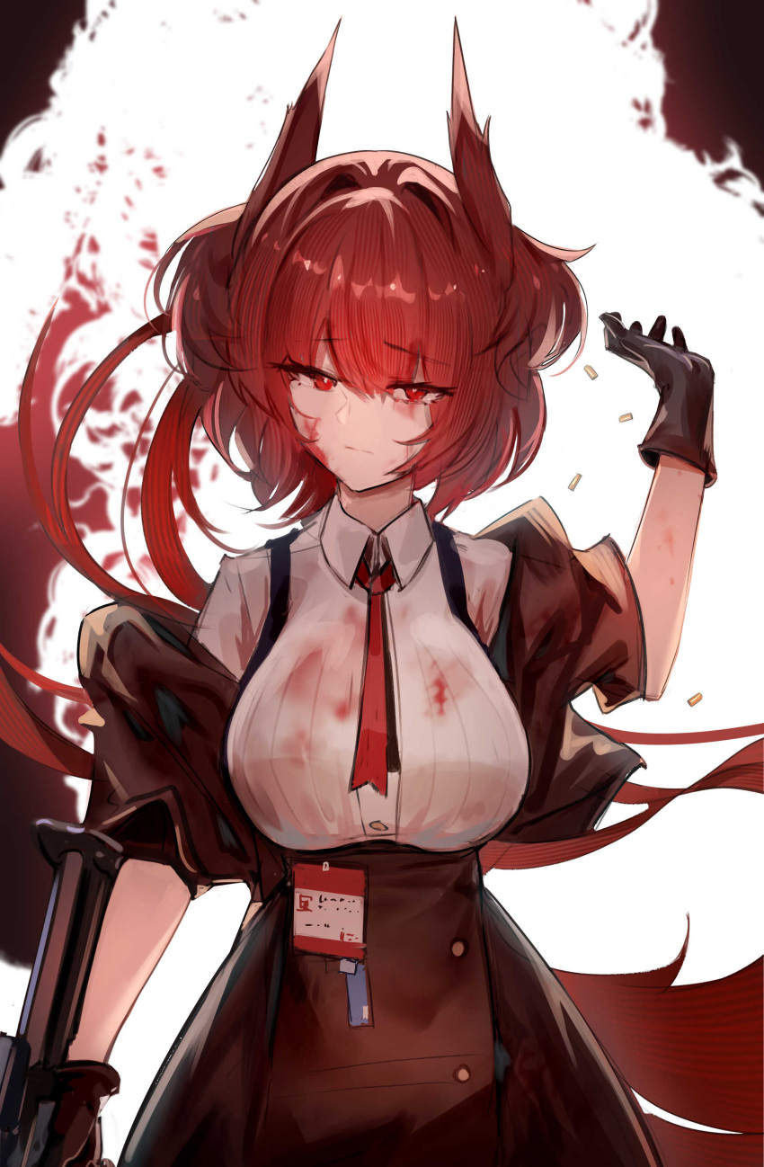 1girl absurdres animal_ears arknights bird_ears black_gloves black_jacket black_skirt blood blood_on_face breasts collared_shirt elsi fiammetta_(arknights) gloves gun hand_up high-waist_skirt highres holding holding_gun holding_weapon id_card jacket large_breasts looking_at_viewer necktie off_shoulder open_clothes open_jacket red_eyes red_hair red_necktie shirt shirt_tucked_in short_hair simple_background skirt solo weapon white_background white_shirt