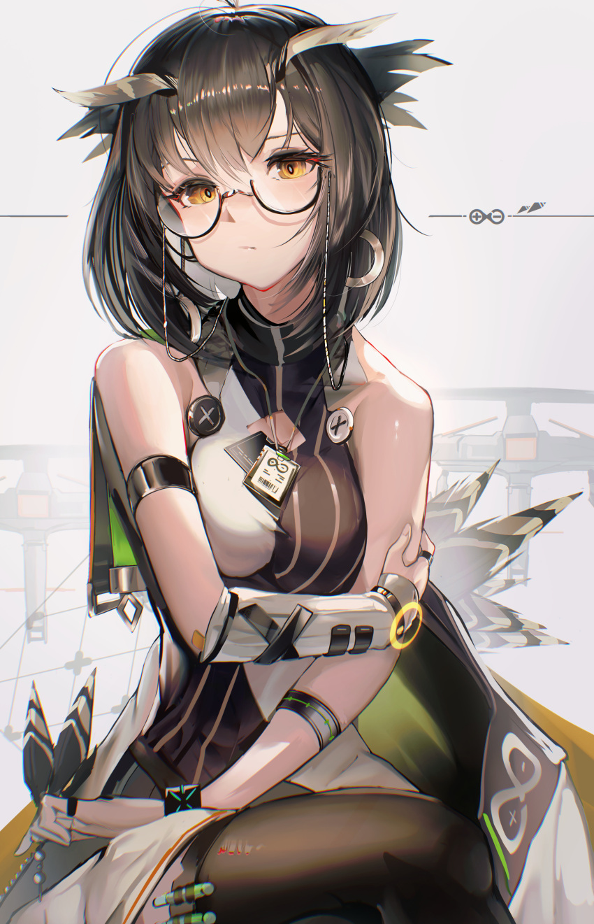 1girl absurdres arknights armband bangs bare_shoulders black-framed_eyewear black_thighhighs brown_hair cleavage_cutout clothing_cutout commentary_request earrings feathers fingerless_gloves glasses gloves grey_background highres hiyaori_(hiyahiyaval) holding holding_feather id_card infection_monitor_(arknights) jewelry lanyard looking_at_viewer owl_ears rhine_lab_logo semi-rimless_eyewear shirt short_hair silence_(arknights) single_glove sitting sleeveless sleeveless_shirt solo thighhighs under-rim_eyewear white_gloves yellow_eyes