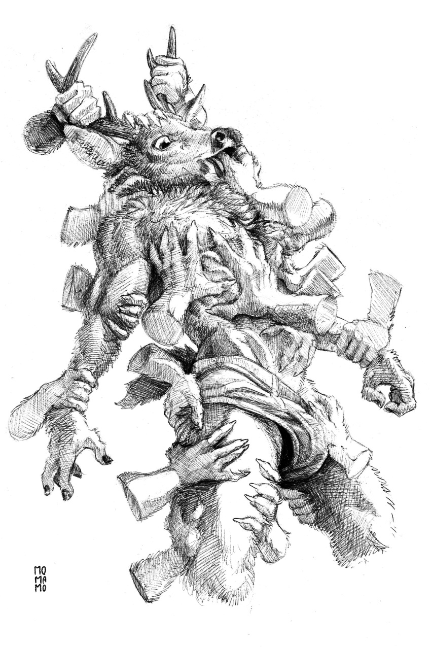 absurd_res anthro antlers belly_rub bottomwear bulge butt butt_grab canid canine canis cervid chest_tuft claws clothed clothing group hand_on_butt hand_on_head hand_on_wrist hands_everywhere hands_in_hair hands_in_mouth hands_on_legs hi_res holding_antler horn leg_grab looking_down male mammal momamo open_mouth partially_clothed petting shirtless shirtless_anthro shirtless_male solo solo_focus tongue tuft underwear wolf