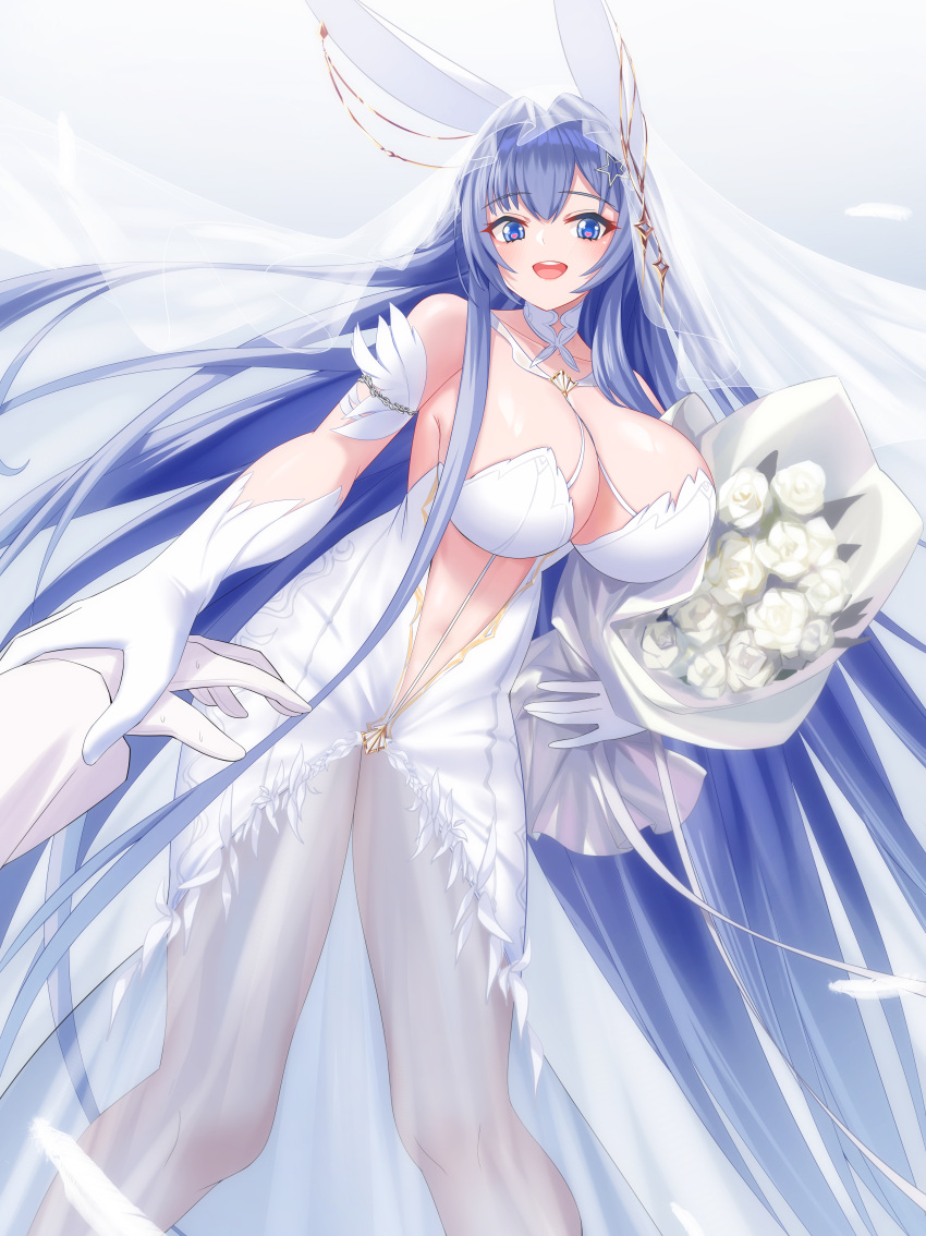 1girl :d absurdly_long_hair absurdres animal_ears azur_lane bangs bare_shoulders blue_eyes blue_hair bouquet breasts bridal_veil cang_se_ye_hua chinese_commentary choker cleavage collarbone commentary_request dress elbow_gloves fake_animal_ears feathers gloves hair_between_eyes hair_intakes heart heart-shaped_pupils highres holding holding_another's_wrist holding_bouquet large_breasts long_hair looking_at_viewer new_jersey_(azur_lane) new_jersey_(snow-white_ceremony)_(azur_lane) official_alternate_costume open_mouth rabbit_ears see-through sidelocks smile solo standing stomach symbol-shaped_pupils teeth upper_teeth veil very_long_hair wedding_dress white_choker white_dress white_gloves