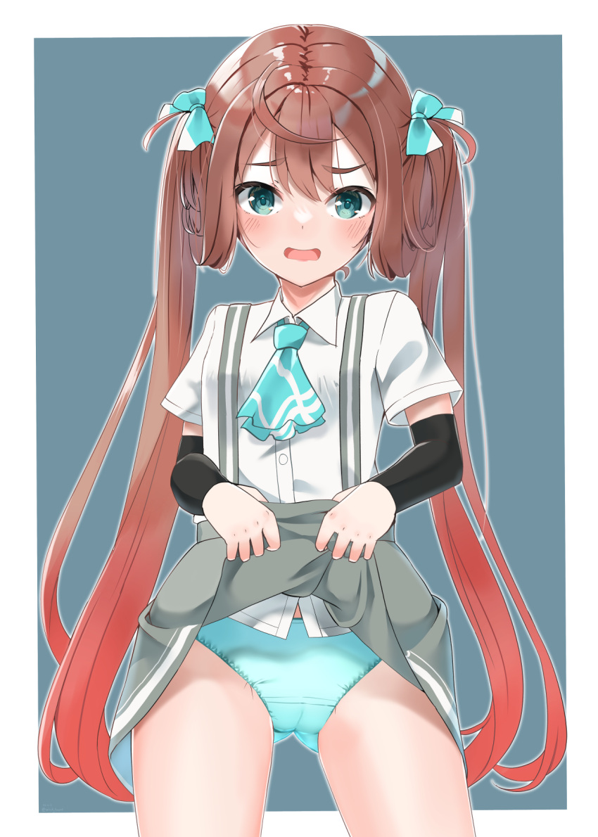 1girl aqua_panties arm_warmers asagumo_(kancolle) ascot ass_visible_through_thighs brown_hair green_background grey_eyes hair_ribbon highres holding holding_clothes holding_skirt kantai_collection lifted_by_self long_hair makiyuki panties pleated_skirt ribbon shirt skirt solo suspenders twintails underwear white_background white_shirt