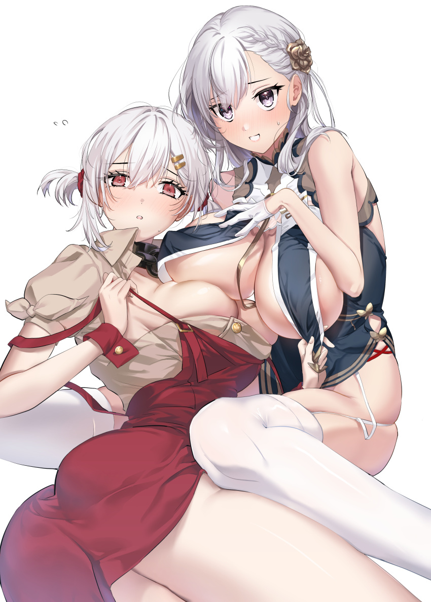 2girls absurdres asymmetrical_docking azur_lane belfast_(azur_lane) belfast_(azur_lane)_(cosplay) belfast_(piping-hot_perfection)_(azur_lane) breast_curtains breast_press breasts china_dress chinese_clothes cosplay costume_switch dress furon_(froon) gloves highres huge_breasts looking_at_viewer lying multiple_girls official_alternate_costume on_side simple_background sirius_(azur_lane) sirius_(azur_lane)_(cosplay) sirius_(azure_horizons)_(azur_lane) sitting thighhighs thighs wariza white_background white_hair wrist_cuffs