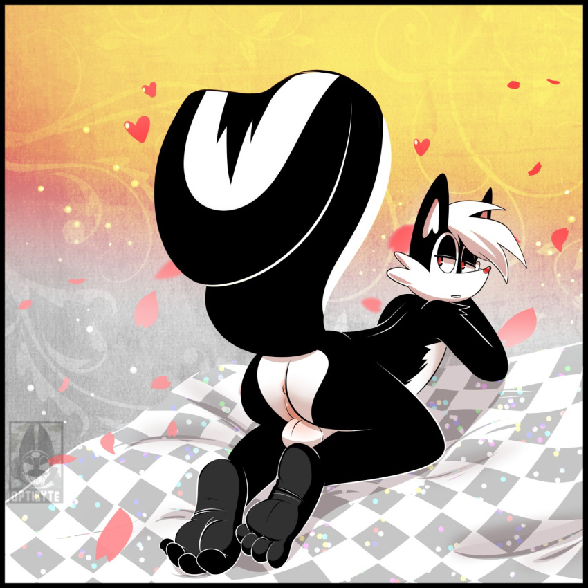 &lt;3 abstract_background anthro anus balls black_body black_fur butt feet fur genitals hair half-closed_eyes hi_res looking_back male mammal mephitid narrowed_eyes optibyte paws petals pinup pose red_eyes red_nose skunk soles solo watermark white_body white_fur white_hair white_tuft