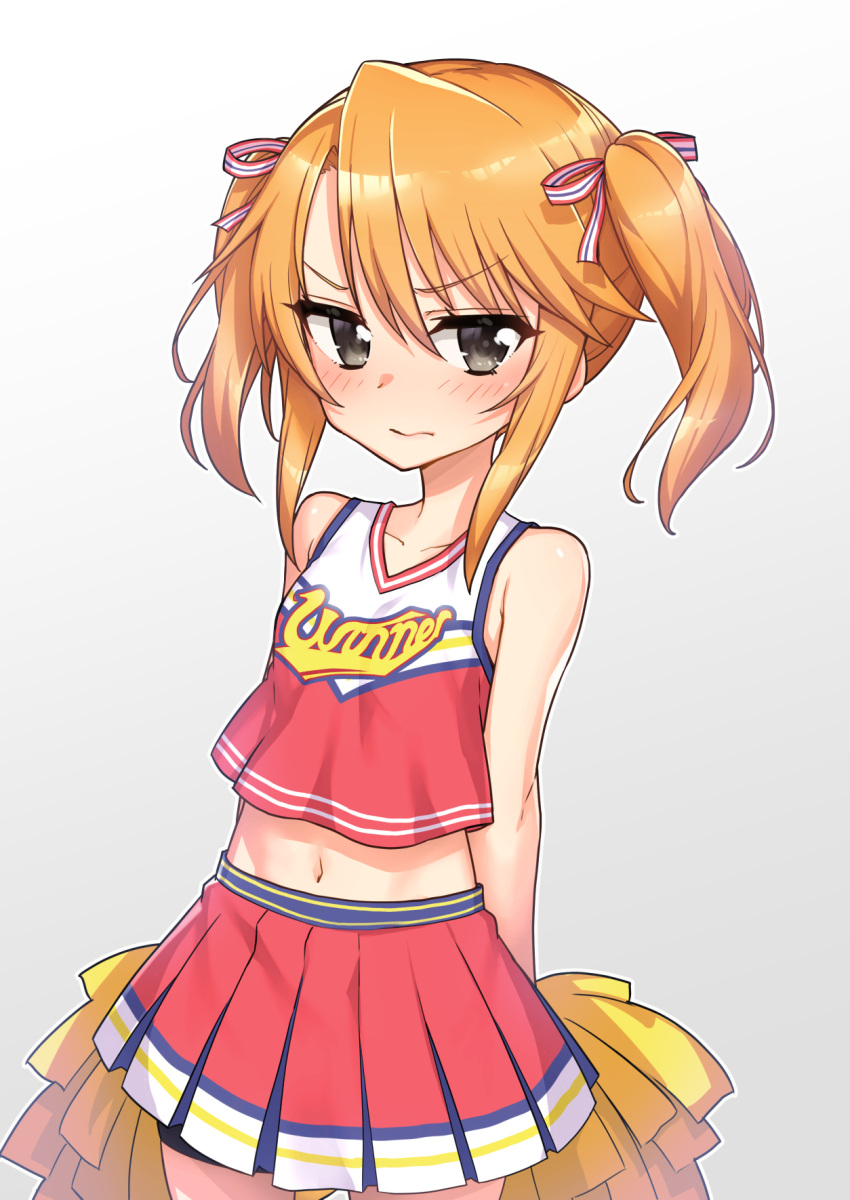 1girl angry arms_behind_back bangs black_eyes blush check_commentary cheerleader collarbone commentary_request cowboy_shot female_child frown hair_ribbon heebee highres idolmaster idolmaster_cinderella_girls looking_at_viewer medium_hair midriff navel orange_eyes pleated_skirt pom_pom_(cheerleading) print_shirt red_shirt red_skirt ribbon shirt shorts shorts_under_skirt sidelocks skirt solo tank_top thighs twintails v-shaped_eyebrows white_background yuuki_haru