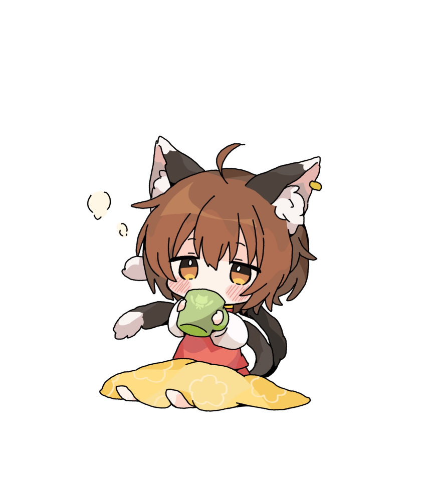 1girl ahoge animal_ears brown_eyes brown_hair cat_ears chaki_(kinaneko2149) chen chibi covered_mouth drinking ear_piercing earrings highres jewelry piercing single_earring solo tail touhou