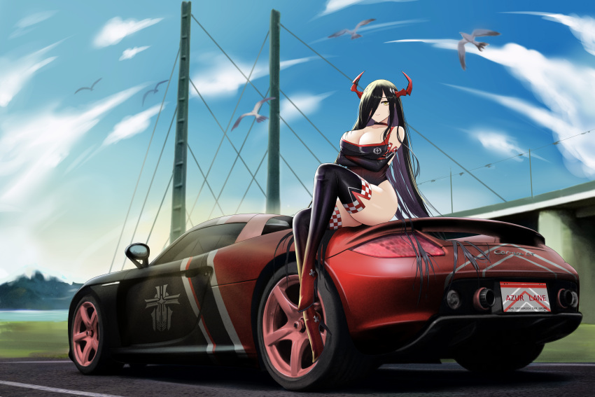 1girl absurdres alternate_costume azur_lane bird black_hair boots breasts bridge car character_name cloud cloudy_sky copyright_name day friedrich_der_grosse_(azur_lane) full_body ground_vehicle hair_over_one_eye highres horns iron_blood_(emblem) kcar66t large_breasts license_plate long_hair motor_vehicle porsche porsche_carrera product_placement race_queen sky sports_car thigh_boots