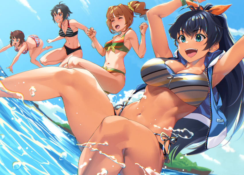 4girls :d amami_haruka antenna_hair arms_up ass bangs bare_shoulders barefoot bikini black_bikini black_hair blue_eyes blue_sky blunt_bangs blush breasts brown_hair cleavage clenched_hands closed_eyes cloud collarbone commentary_request day fang full_body ganaha_hibiki green_eyes groin hair_between_eyes hair_ribbon highleg highleg_bikini highres idolmaster idolmaster_(classic) jumping kikuchi_makoto large_breasts long_hair medium_breasts midriff mikel_(4hands) multiple_girls navel ocean open_mouth outdoors plaid plaid_bikini ponytail ribbon short_hair sky sleeveless sleeveless_jacket small_breasts smile striped striped_bikini swimsuit takatsuki_yayoi tan teeth twintails upper_teeth wristband