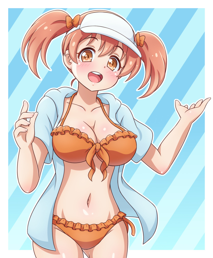 1girl bikini blue_jacket breasts brown_hair commentary_request cowboy_shot frilled_bikini frills front-tie_bikini_top front-tie_top hataraku_maou-sama! highres hood hooded_jacket hoodie jacket large_breasts looking_at_viewer medium_hair open_mouth orange_bikini orange_eyes round_teeth sasaki_chiho side-tie_bikini_bottom smile solo standing striped striped_background swimsuit teeth twintails upper_teeth visor_cap yosuzu