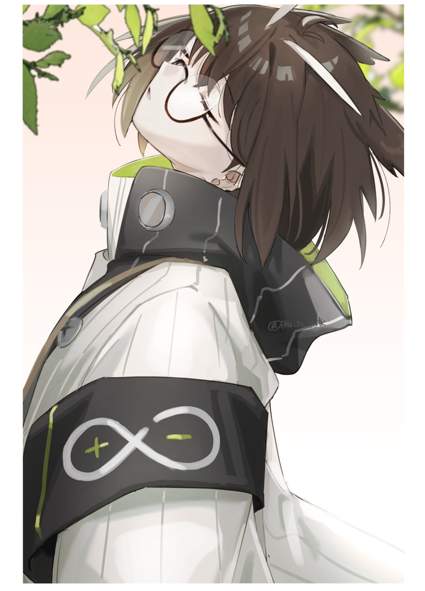 1girl arknights armband brown_hair closed_eyes coat from_side head_tilt highres inu_to_milk long_sleeves owl_ears parted_lips rhine_lab_logo semi-rimless_eyewear short_hair silence_(arknights) simple_background solo under-rim_eyewear white_background white_coat