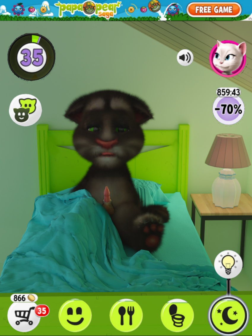 anthro bed bedding blanket domestic_cat erection felid feline felis fur furniture genitals gui hi_res male mammal nude on_bed pawago penile_spines penis realistic_fur solo solo_focus talking_friends talking_tom user_interface young