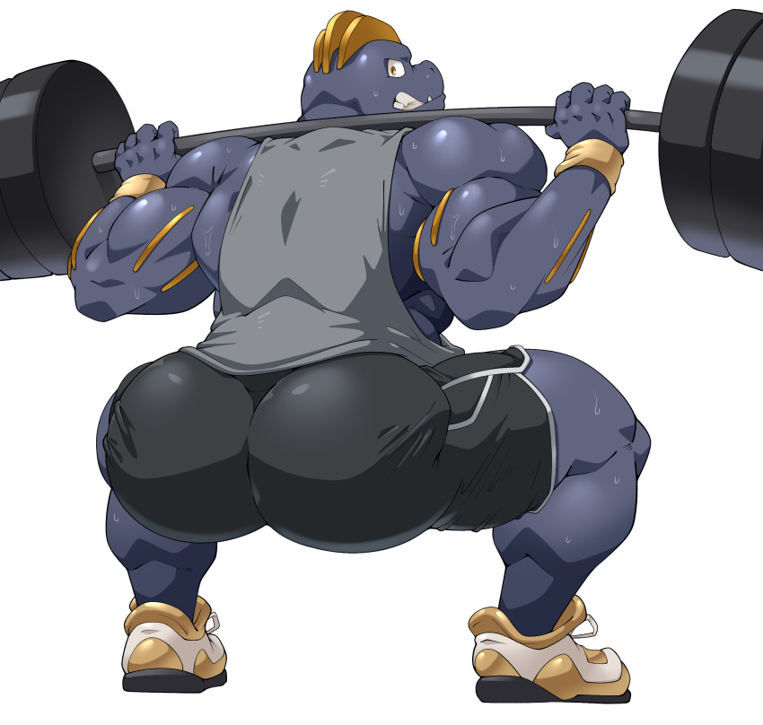 anthro barbell big_butt bodily_fluids bottomwear butt clothing crouching exercise footwear generation_1_pokemon hi_res machoke maldu male muscular muscular_anthro muscular_male nintendo pokemon pokemon_(species) shirt shoes shorts simple_background solo sweat tank_top topwear video_games white_background