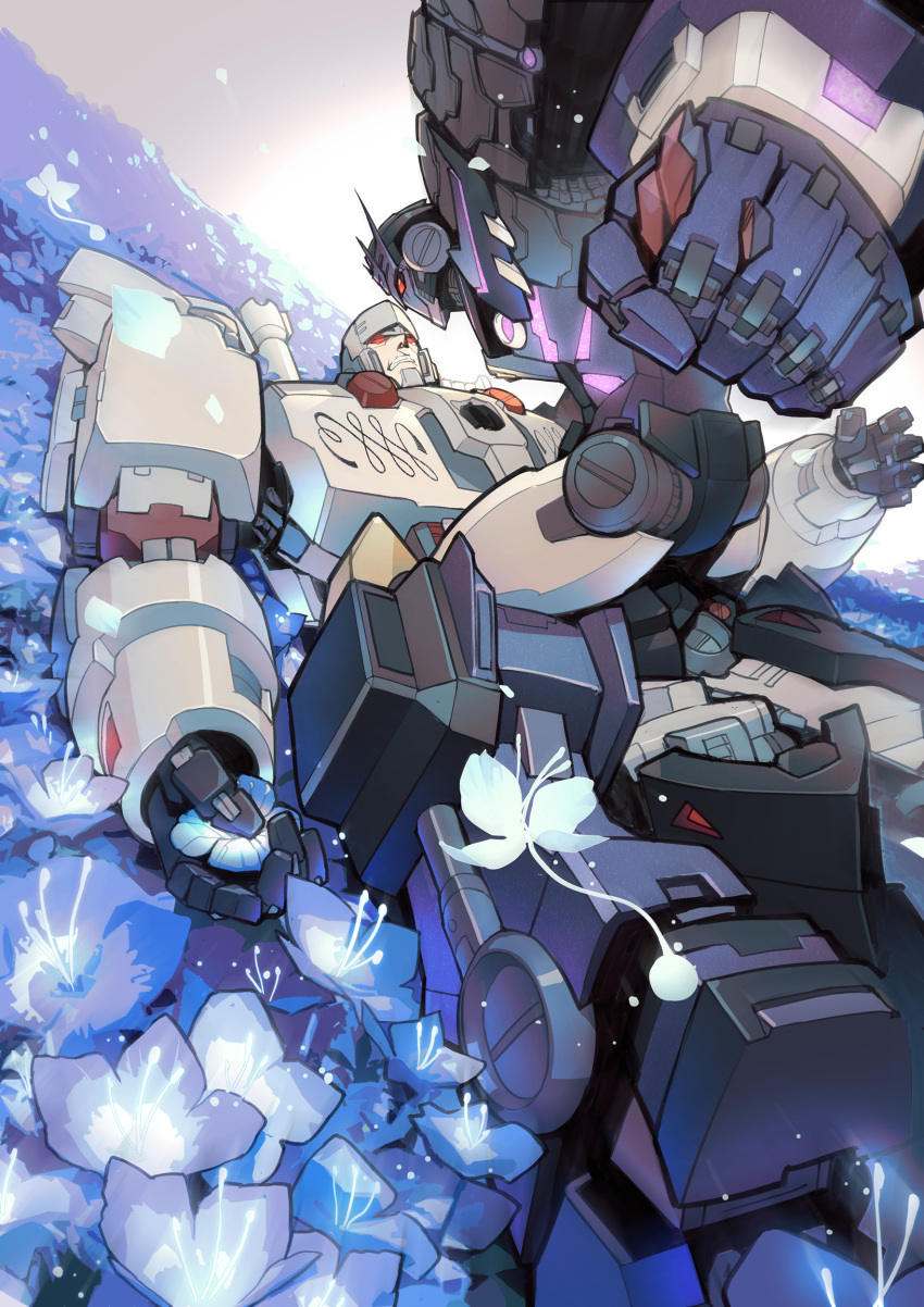 absurdres blue_flower chinese_commentary clenched_hand clenched_teeth decepticon field fighting flower flower_field highres holding holding_flower looking_up lying mecha megatron megatron_(idw) on_back red_eyes robot science_fiction tarn teeth the_transformers_(idw) transformers vetania