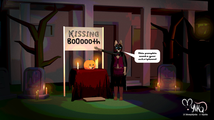 3d_(artwork) anthro bottomwear building candle canid canine canis cape clothed clothing costume crossdressing detailed_background digital_media_(artwork) dobermann domestic_dog english_text food fruit garden halloween hi_res holidays house jack-o'-lantern looking_at_viewer male mammal marius_(mynka) mynka navel night open_mouth outside pinscher plant pumpkin skimpy skirt smile speech_bubble text tombstone topwear vest