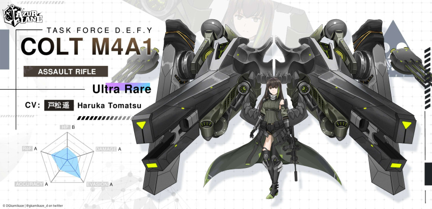 1girl assault_rifle azur_lane bangs black_eyes black_hair character_name clothes_around_waist copyright_name dgkamikaze english_commentary english_text expressionless full_body girls'_frontline gloves green_hair gun hair_between_eyes highres holding holding_gun holding_weapon jacket jacket_around_waist long_hair looking_at_viewer m4_carbine m4a1_(girls'_frontline) mod3_(girls'_frontline) multicolored_hair parody rifle rigging scarf solo standing stats streaked_hair thighhighs tomatsu_haruka voice_actor weapon