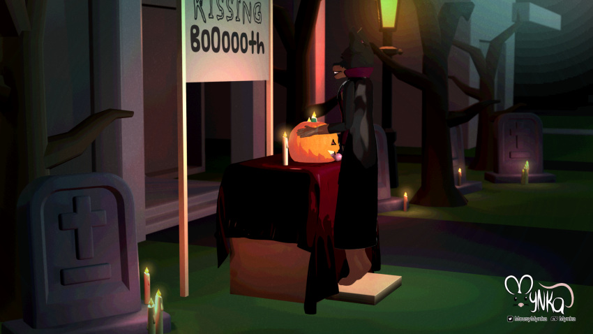 3d_(artwork) ambiguous_gender ambiguous_penetration anatomically_correct anatomically_correct_genitalia animal_genitalia animal_penis anthro building candle canid canine canine_penis canis cape clothed clothing costume detailed_background digital_media_(artwork) dobermann domestic_dog food fruit garden genitals halloween hi_res holidays house implied_oral jack-o'-lantern knot mammal marius_(mynka) mynka night open_mouth outside penetration penis pinscher plant pumpkin tombstone