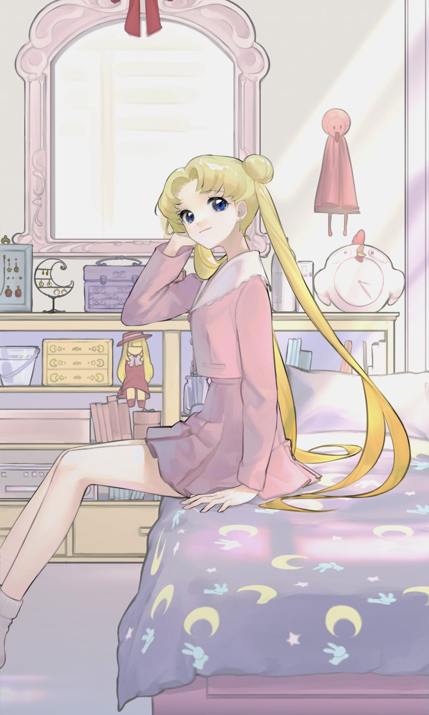 1girl absurdres bed bedroom bishoujo_senshi_sailor_moon blonde_hair blue_eyes clock closed_mouth crescent doll double_bun earrings forehead hair_bun hair_spread_out hand_on_bed head_rest highres indoors jacket jewelry light_smile long_hair long_sleeves looking_at_viewer mallllma on_bed pillow pink_jacket pink_skirt pleated_skirt shelf sitting skirt socks solo stud_earrings tsukino_usagi twintails very_long_hair white_socks