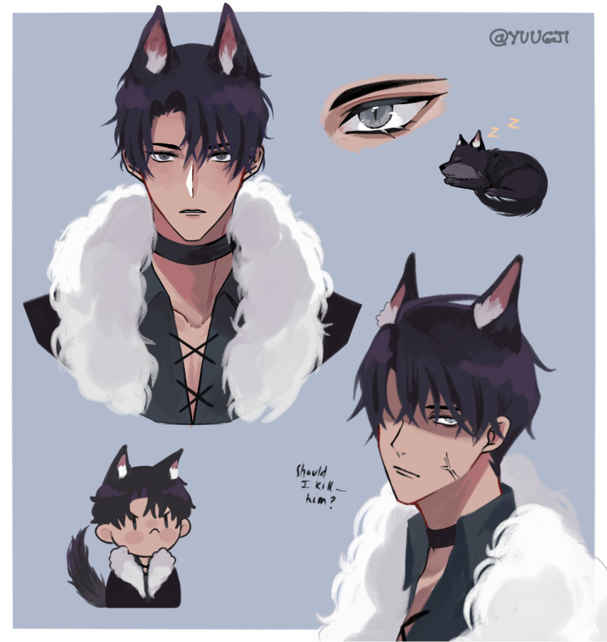 1boy animal animal_ears artist_name bangs black_choker black_hair black_shirt blue_background border chibi choker closed_mouth collared_shirt dog dog_boy dog_ears dog_tail english_text frown fur_trim grey_eyes hair_between_eyes highres joonghyuk_yoo kemonomimi_mode looking_at_viewer male_focus omniscient_reader's_viewpoint shirt short_hair simple_background slit_pupils straight-on tail upper_body white_border yuugji zzz