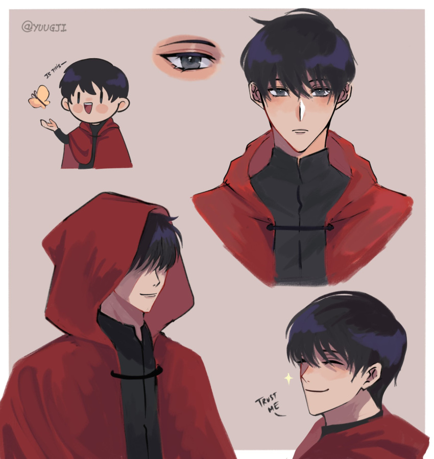 1boy artist_name black_hair black_shirt blush border bug butterfly chibi cloak closed_eyes closed_mouth dok-ja_kim english_commentary english_text frown grey_eyes hair_between_eyes hair_over_eyes highres hood hood_down hood_up hooded_cloak is_this_a_pigeon_(meme) long_sleeves looking_at_viewer male_focus meme mixed-language_commentary multiple_views omniscient_reader's_viewpoint open_mouth pink_background red_cloak shirt short_hair simple_background smile straight-on upper_body vietnamese_commentary white_border yellow_butterfly yuugji