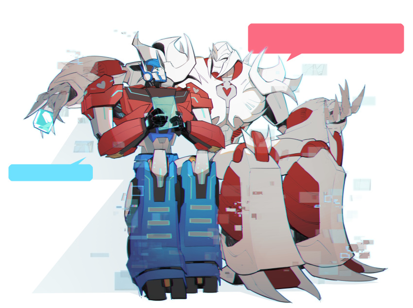 ^_^ absurdres arm_around_shoulder autobot blue_eyes closed_eyes decepticon glitch heart highres holding hologram mecha megatron megatron_(prime) open_hand optimus_prime robot science_fiction sitting smile speech_bubble transformers transformers_prime vetania