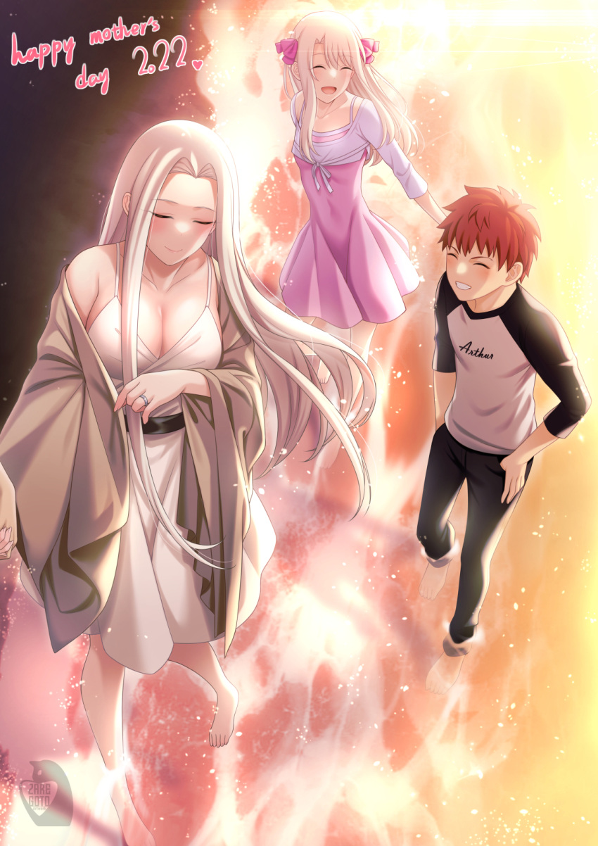 1boy 2girls :d barefoot beach blush breasts brother_and_sister cleavage closed_eyes commentary_request dress emiya_shirou english_text fate/stay_night fate/zero fate_(series) grey_hair highres illyasviel_von_einzbern irisviel_von_einzbern jewelry large_breasts long_hair mother's_day mother_and_daughter mother_and_son multiple_girls ocean pink_dress red_hair ring siblings smile spaghetti_strap very_long_hair wedding_ring white_dress zaregoto_tsukai_no_deshi