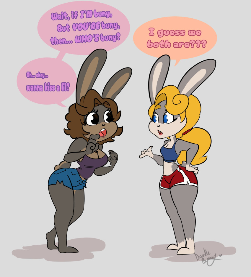 &lt;3 accessory anthro barefoot big_breasts big_butt big_ears black_eyes blonde_hair blue_clothing blue_eyes bold_text bottomwear breasts brown_body brown_fur brown_hair butt chest_tuft clothing coffekitten comic crop_top curled_hair dark_grey_body dark_grey_fur dialogue doodlebunnyart duo eyebrow_through_hair eyebrows eyelashes feet female fur gag grey_body grey_fur gym_bottomwear gym_clothing gym_shorts hair hair_accessory hair_over_eye hair_tie hair_tied hand_on_butt hand_on_face heart_nose hi_res hunie(doodlebunnyart) lagomorph leaning leaning_forward leg_markings leporid lipstick makeup mammal markings multicolored_body multicolored_fur one_eye_obstructed pattern_clothing ponytail purple_clothing question question_mark rabbit red_clothing scut_tail shirt short_tail shorts simple_background small_breasts socks_(marking) speech_bubble standing striped_clothing stripes teeth text thick_thighs topwear translucent translucent_hair tuft two_tone_body two_tone_fur vanilla_(coffekitten) white_background