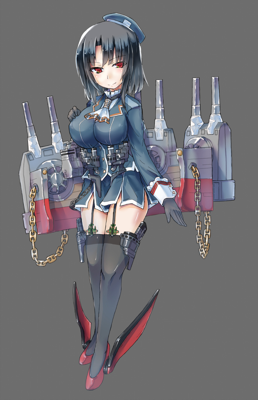 1girl ascot asukakei bangs beret black_gloves black_hair black_thighhighs blue_headwear blue_jacket blue_skirt breasts cannon chain full_body garter_straps gloves grey_background hat highres jacket kantai_collection large_breasts long_sleeves military military_uniform miniskirt parted_bangs pencil_skirt red_eyes rigging short_hair simple_background skirt smile solo takao_(kancolle) thighhighs turret uniform white_ascot