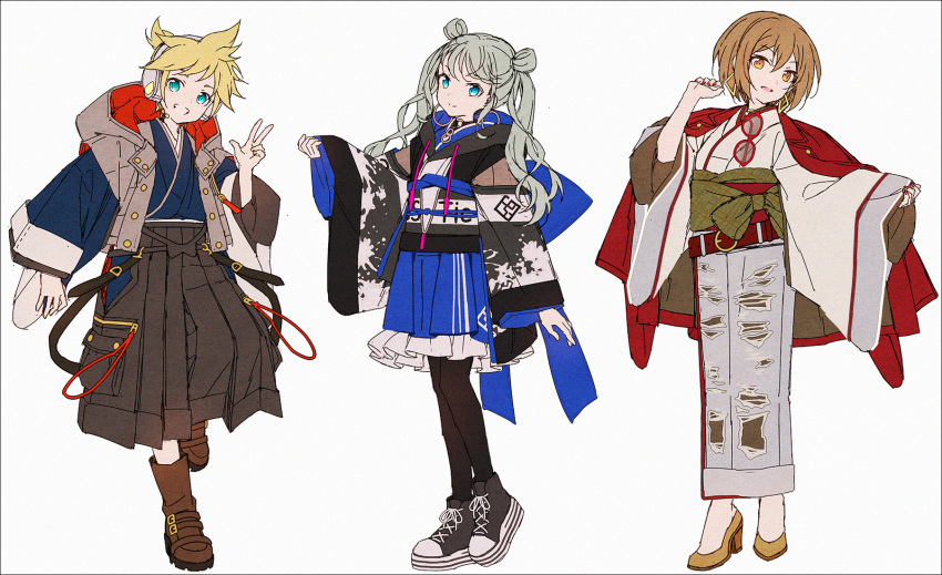 1boy 2girls :d bangs belt belt_buckle black_footwear black_hakama black_pantyhose blonde_hair blue_eyes blue_kimono blue_skirt boots brown_eyes brown_footwear brown_hair buckle closed_mouth earrings frilled_skirt frills grey_hair grin hakama hakama_skirt hakusai_(tiahszld) hatsune_miku headphones high_heels highres japanese_clothes jewelry kagamine_len kimono long_sleeves looking_at_viewer meiko multiple_girls pantyhose pinching_sleeves pleated_skirt red_belt shoes simple_background skirt sleeves_past_wrists smile standing twintails vocaloid white_background white_kimono wide_sleeves