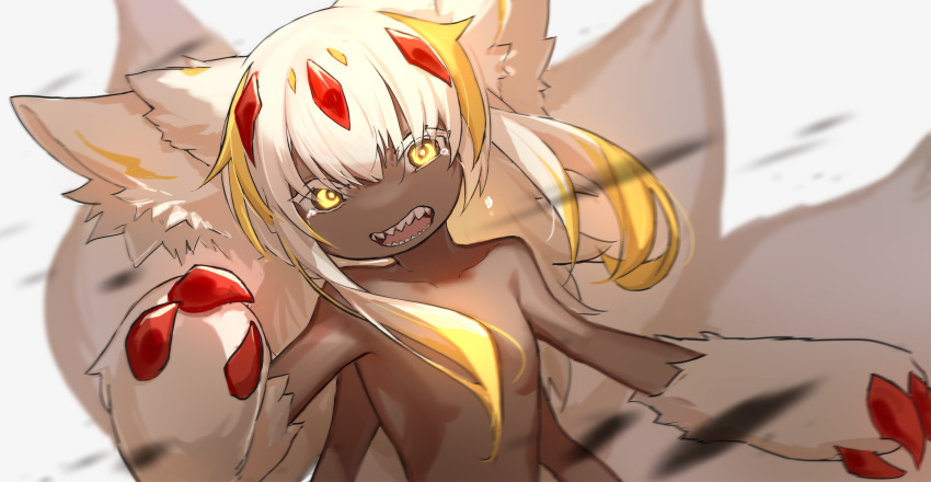 1girl angry animal_ears bangs blonde_hair body_fur claws collarbone colored_eyelashes commentary crying crying_with_eyes_open dark-skinned_female dark_skin extra_arms faputa fewer_digits frown glowing glowing_eyes haitu_kira hand_up highres horns incoming_attack looking_at_viewer made_in_abyss medium_hair monster_girl motion_blur multicolored_hair multiple_horns multiple_tails open_mouth red_horns sharp_teeth simple_background solo streaked_hair tail tears teeth two-tone_hair upper_body white_background white_fur white_hair yellow_eyes