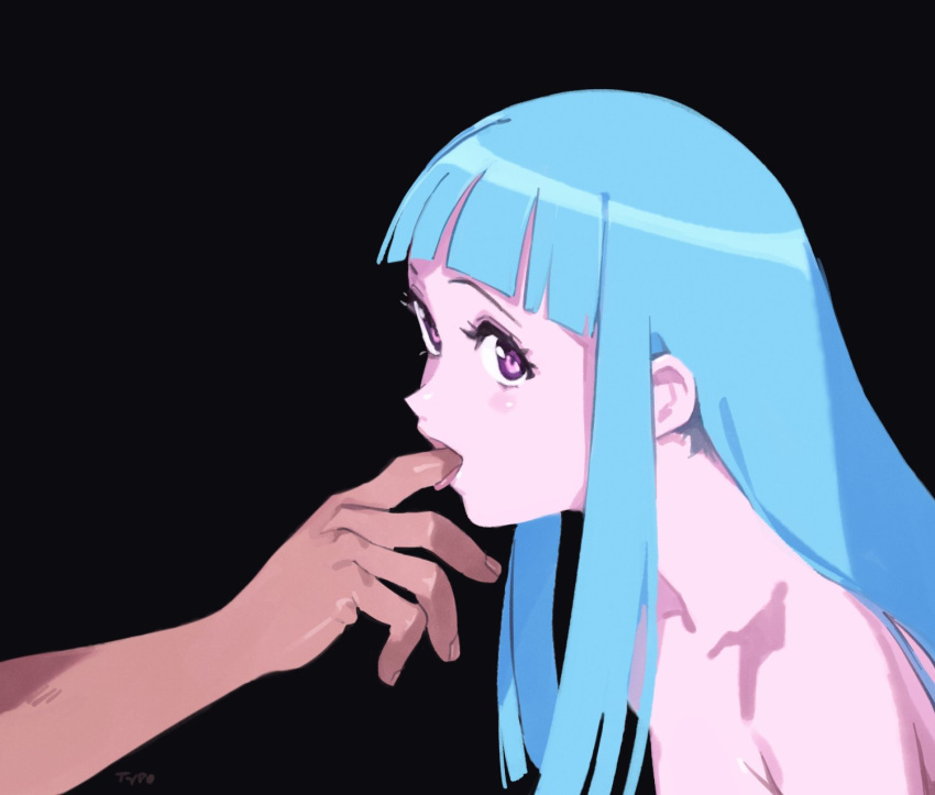 1boy 1girl black_background blue_hair close-up finger_in_another's_mouth hand_focus highres hime_cut long_hair me!me!me! meme_(me!me!me!) open_mouth optionaltypo out_of_frame purple_eyes sidelocks topless