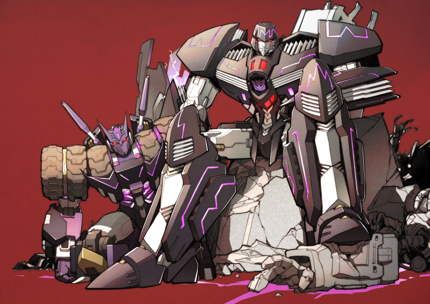 clenched_hand decepticon glowing glowing_eyes head_tilt highres looking_at_viewer mecha megatron megatron_(idw) one_knee open_hand red_eyes robot rubble science_fiction severed_arm severed_limb sitting tarn the_transformers_(idw) transformers vetania wheel