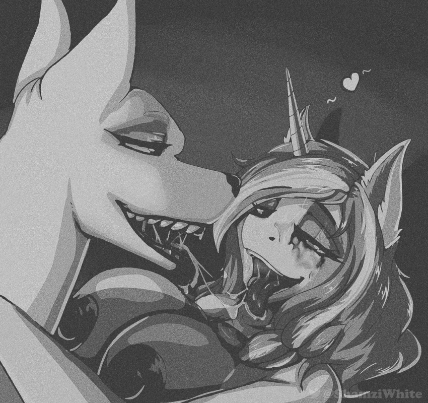 ahegao anthro bestiality big_breasts black_and_white bodily_fluids breasts canid canine canis domestic_dog dominant dominant_feral duo female feral greyscale kissing looking_pleasured mammal monochrome nipples nude saliva saliva_string shamziwhite